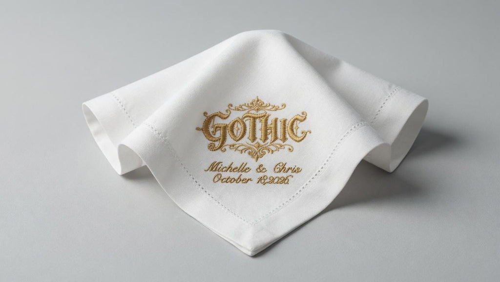 Custom Embroidered Linen Wedding Napkin | Gothic Monogram, Couple Names & Date