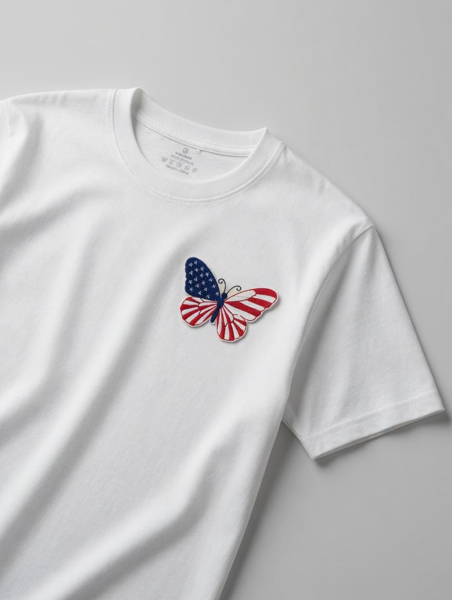 July 4 Independence Day Gift  Custom Embroidered American Flag Butterfly Cotton T-Shirt