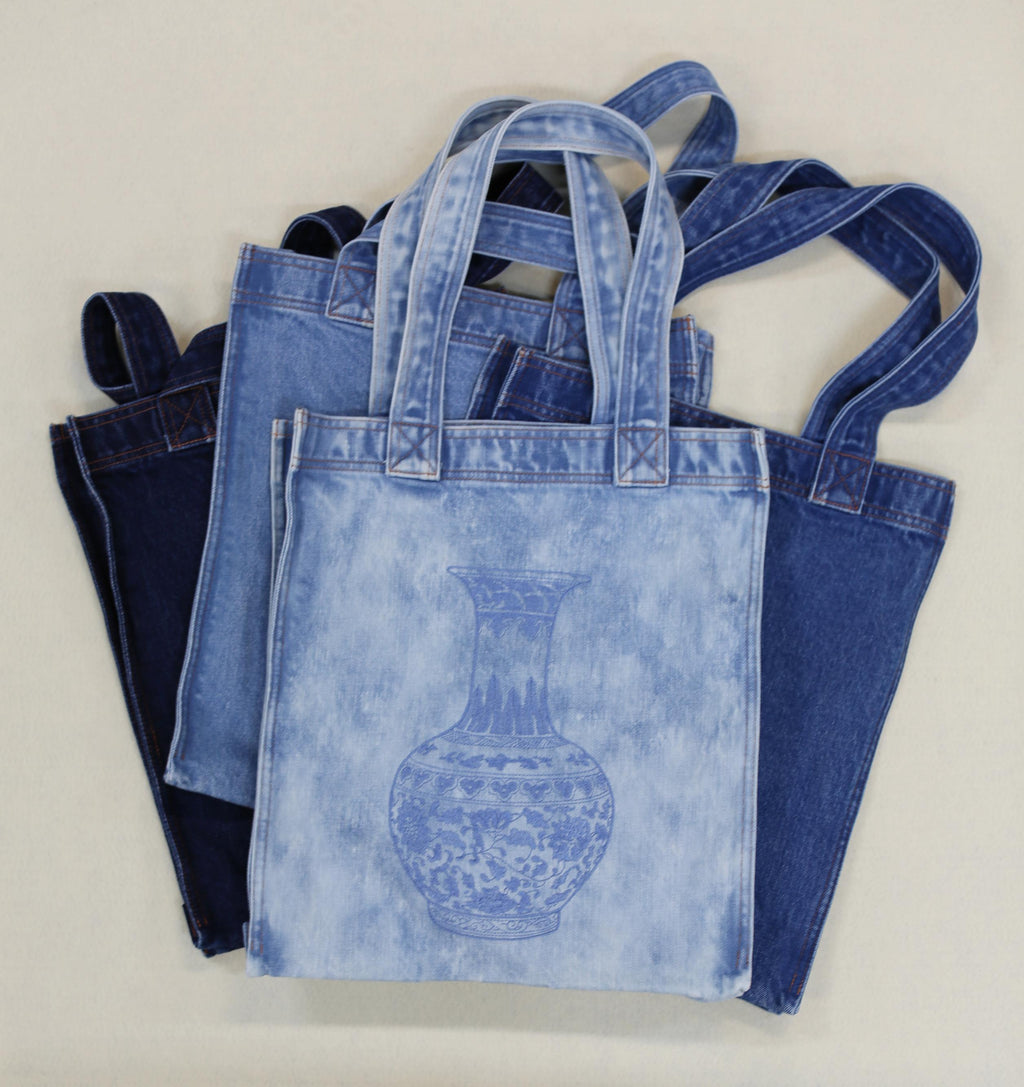 Washed Denim Tote Bag with Chinese Porcelain Embroidery – 100% Cotton Canvas Bag
