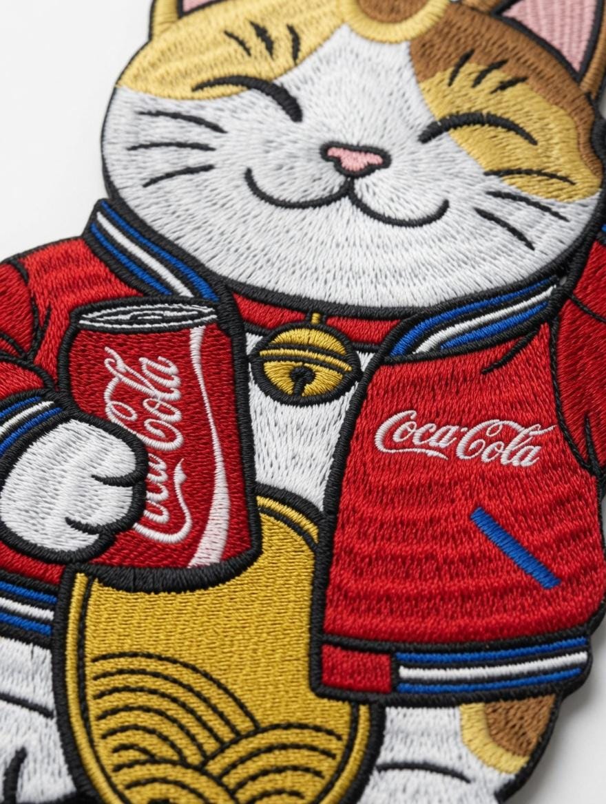 Custom Embroidered Lucky Cat Patch Maneki-neko Coca-Cola Iron-On Patch Fortune Cat Applique Gift Made to Order