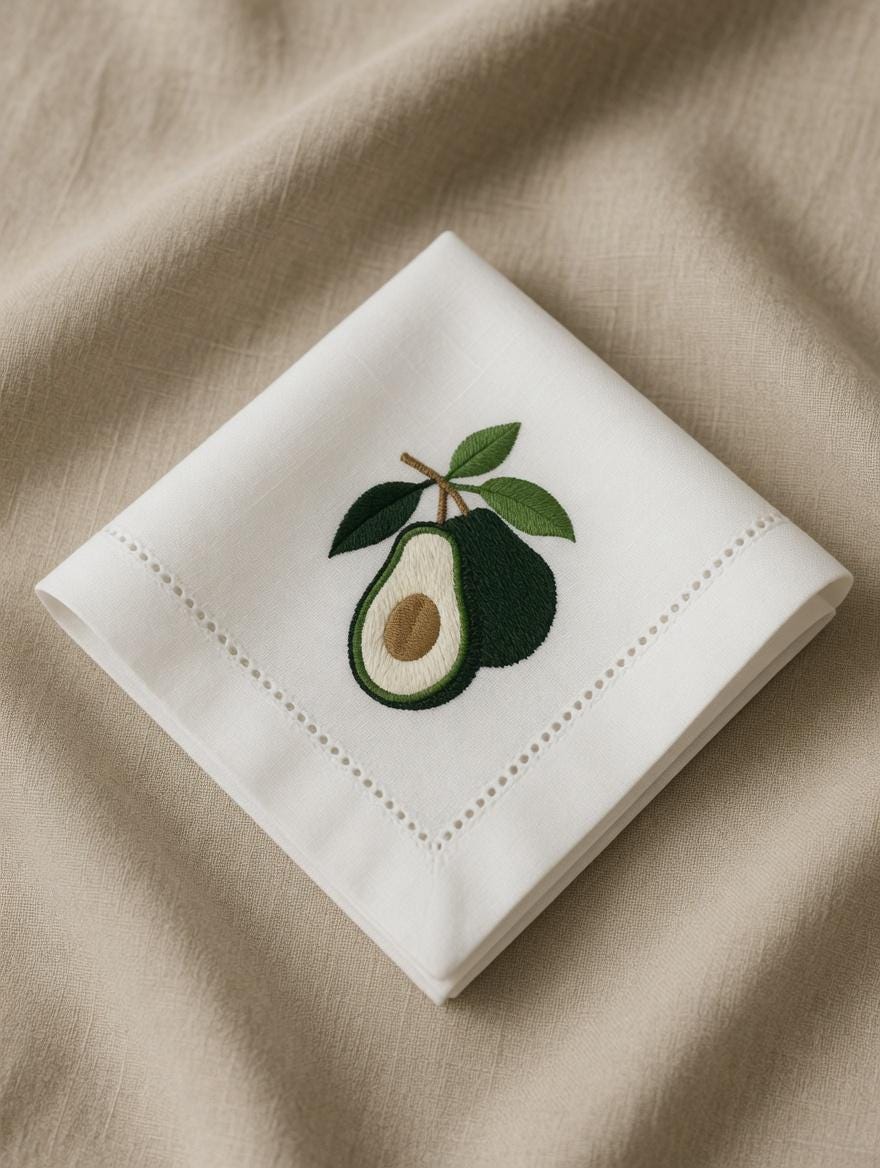 Embroidered Linen Napkin | Avocado with Leaves, Hemstitch Border, Beach Theme Table Decor