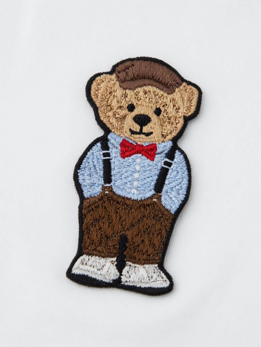 Embroidered Teddy Bear T-Shirt | Dapper Bear with Bow Tie, Suspenders (Cotton)