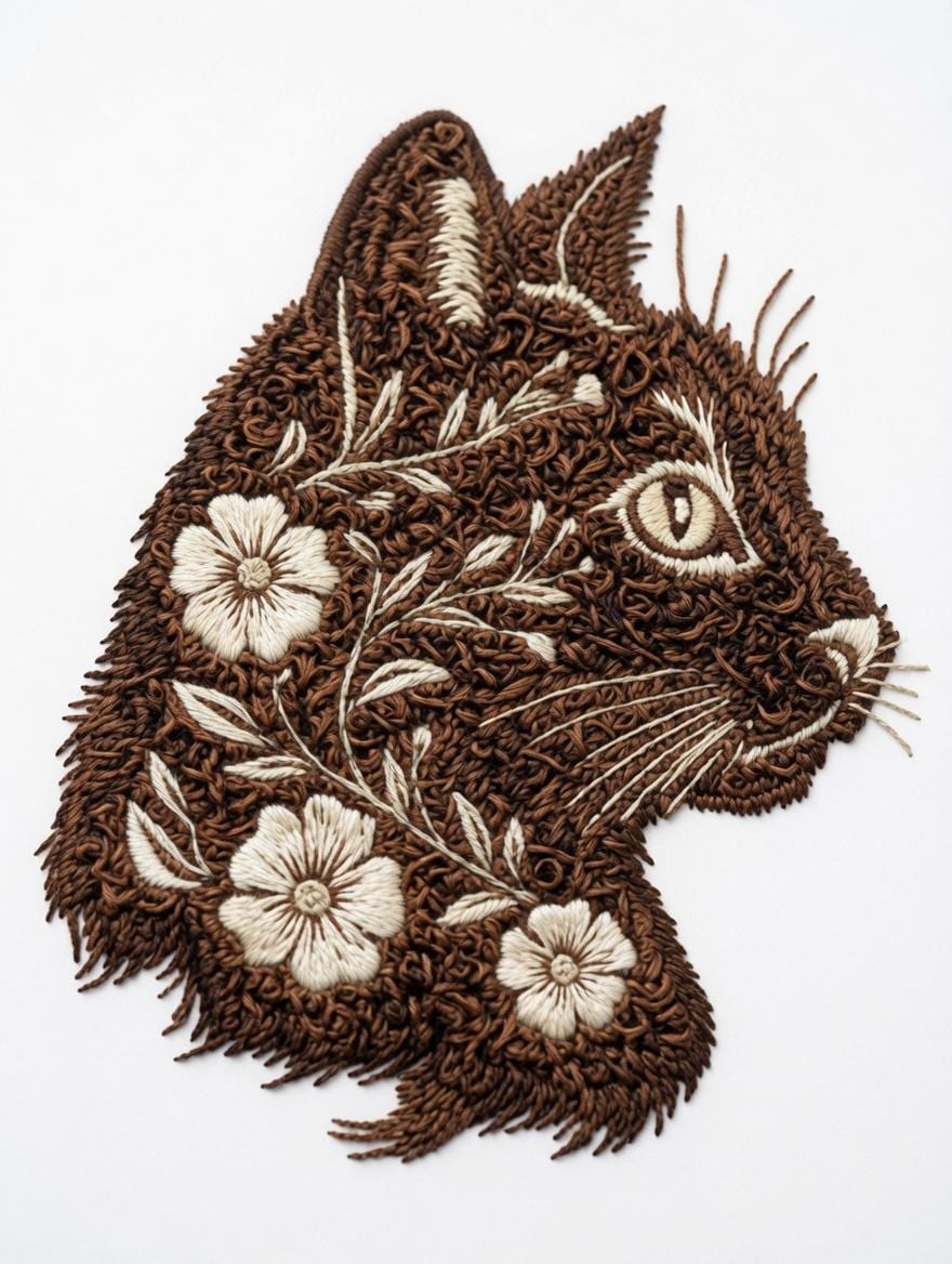 Custom Embroidered Cat Floral Tote Bag Retro Brown Cat Head Sage Green Canvas Shopping Bag Gift Idea