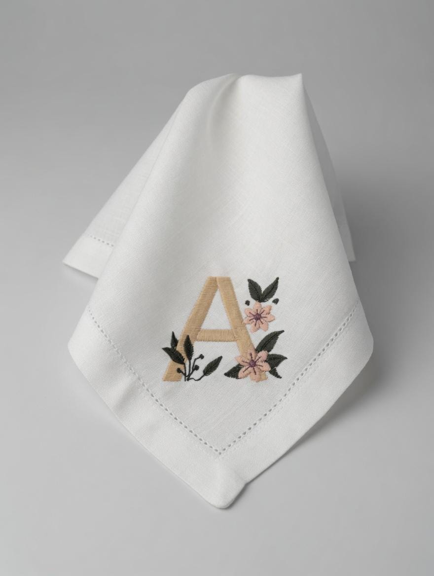 Embroidered Linen Napkin | Floral Monogram Letter A, Pink Flowers, Wedding Decor