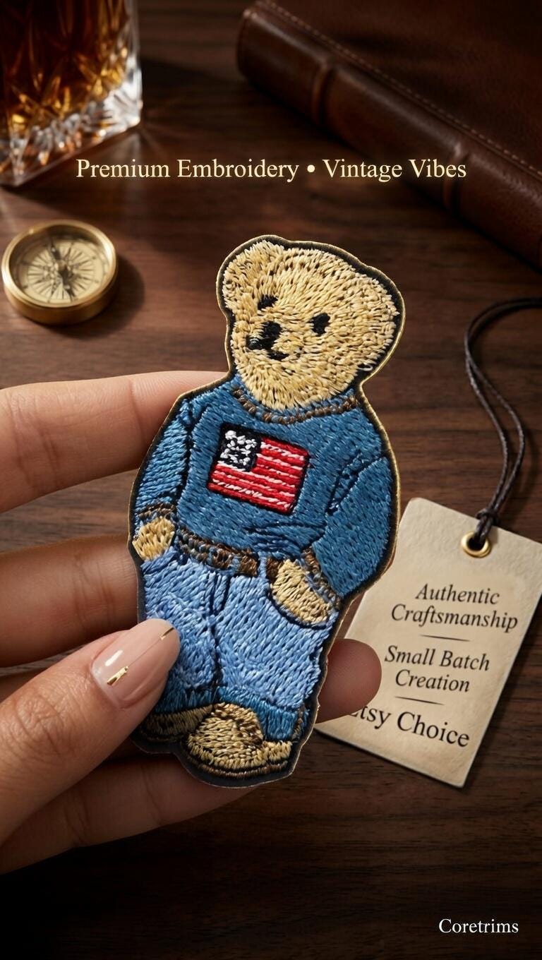 Monogram Hand Embroidered Polo Bear Patch – Blue Sweater USA Flag, Sew On Jacket Patch
