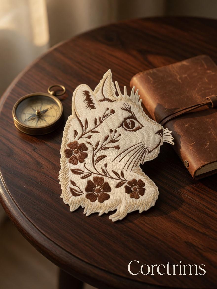 Floral Cat Head Embroidered Patch – Brown Botanical Wildcat Profile Iron-On Appliqué, Cat Lover Gift