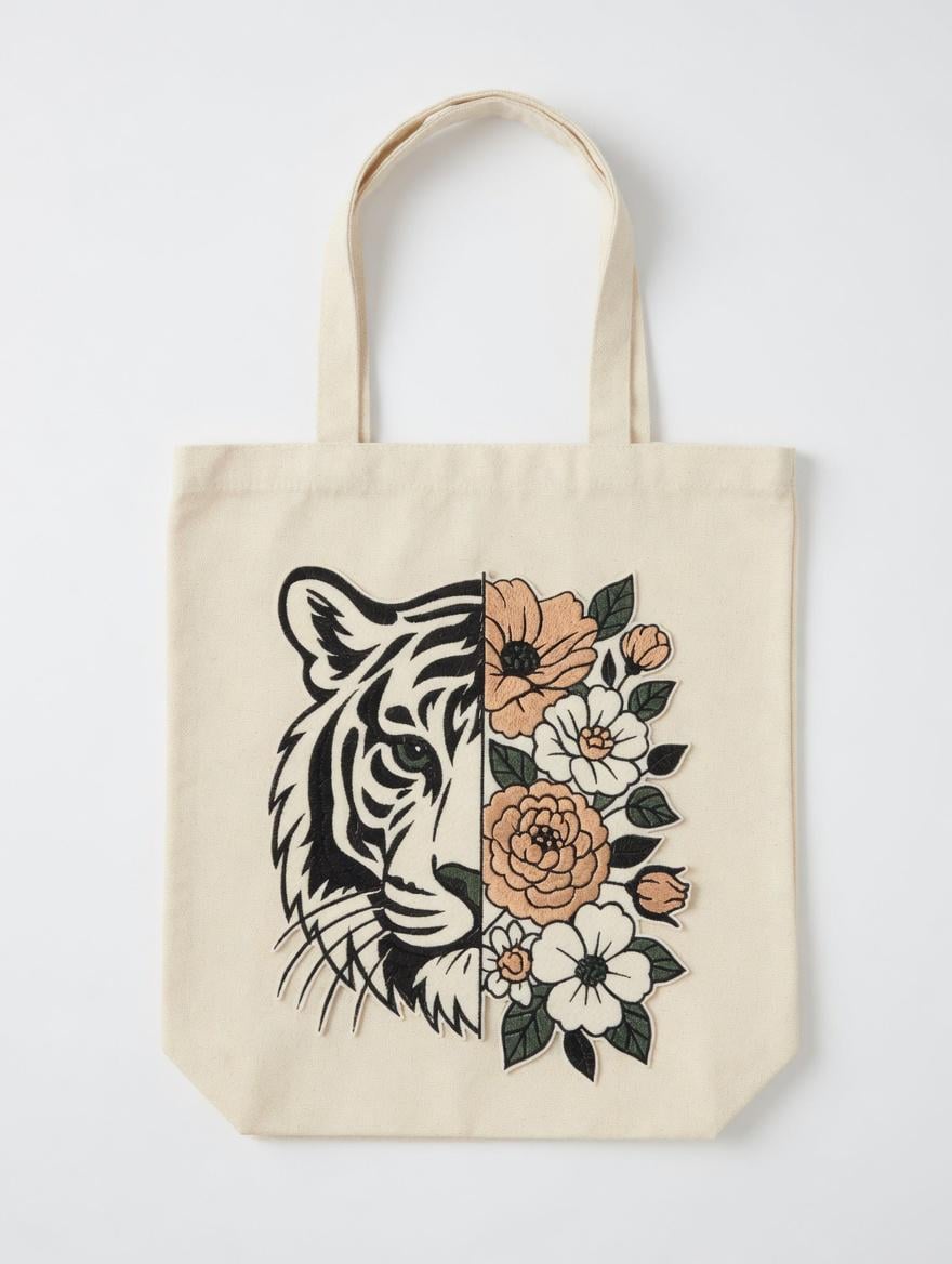 Embroidered Tiger Floral Tote Bag: Artistic Canvas Shoulder Bag