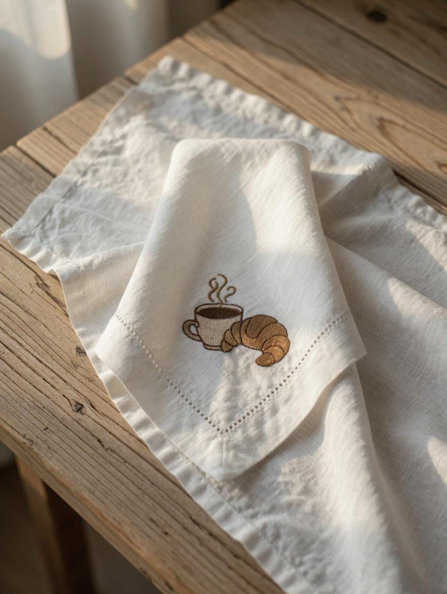 Embroidered Coffee Croissant Linen Napkin | White Hemstitch Table Decor