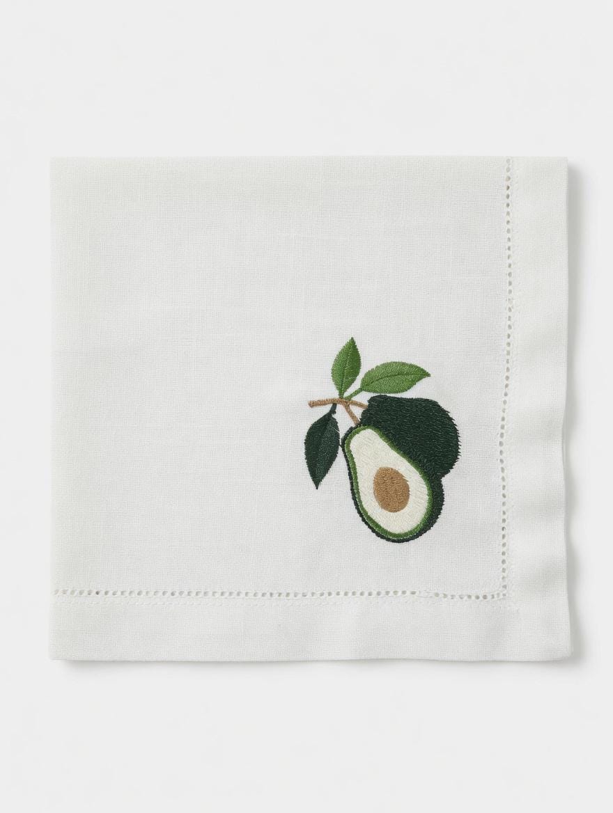 Embroidered Linen Napkin | Avocado with Leaves, Hemstitch Border, Beach Theme Table Decor