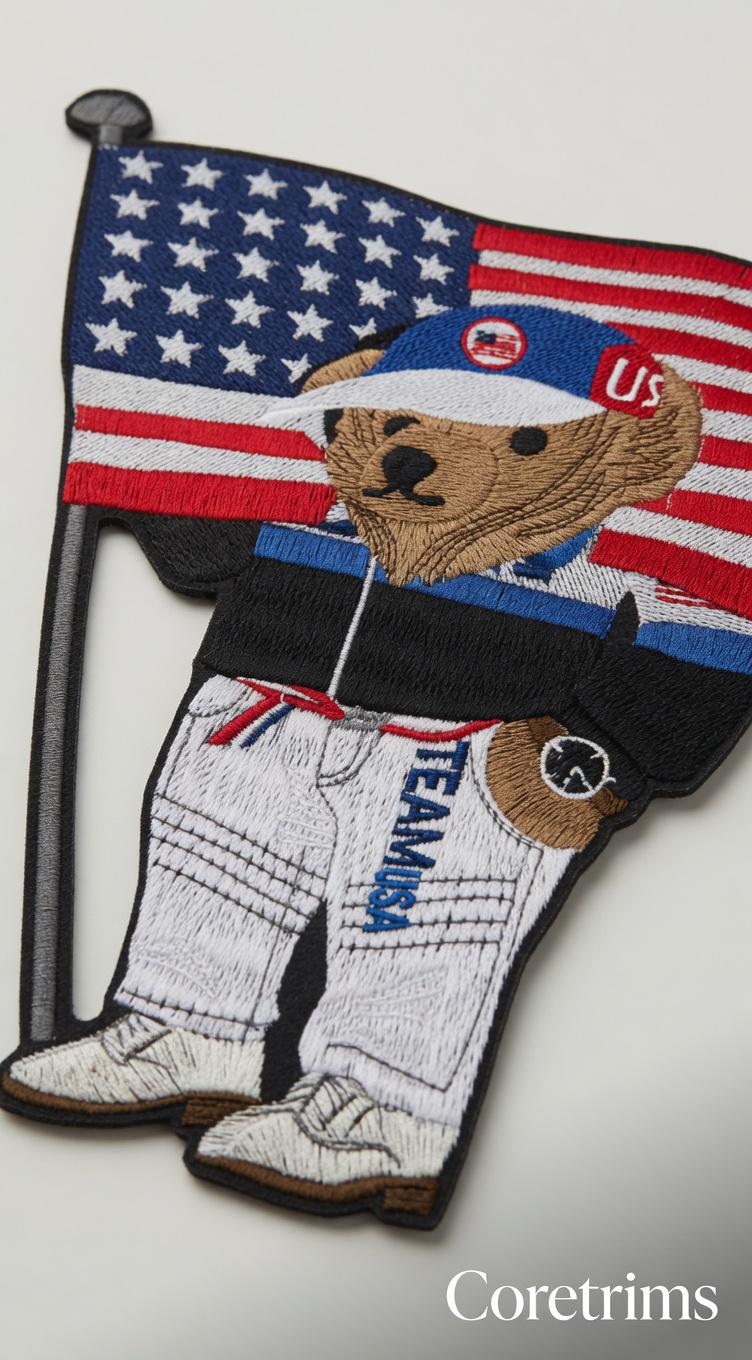 Patriotic USA Ralph Lauren style Bear Embroidered Iron-On Patch – Holding American Flag, Team USA Jacket & Cap