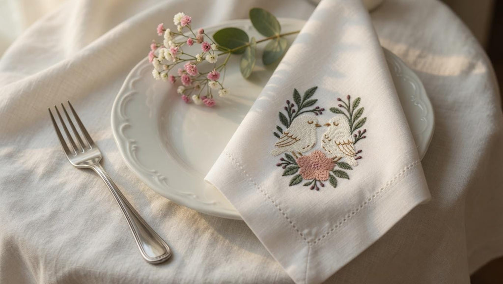 Embroidered Lovebirds Linen Napkin | Wedding Anniversary Couple Gift Set of 2 pcs