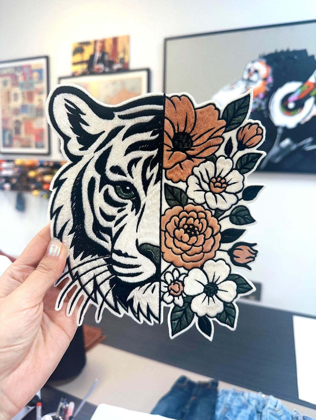 Hand Embroidered Tiger Floral Patch: Sew On/Iron On Applique