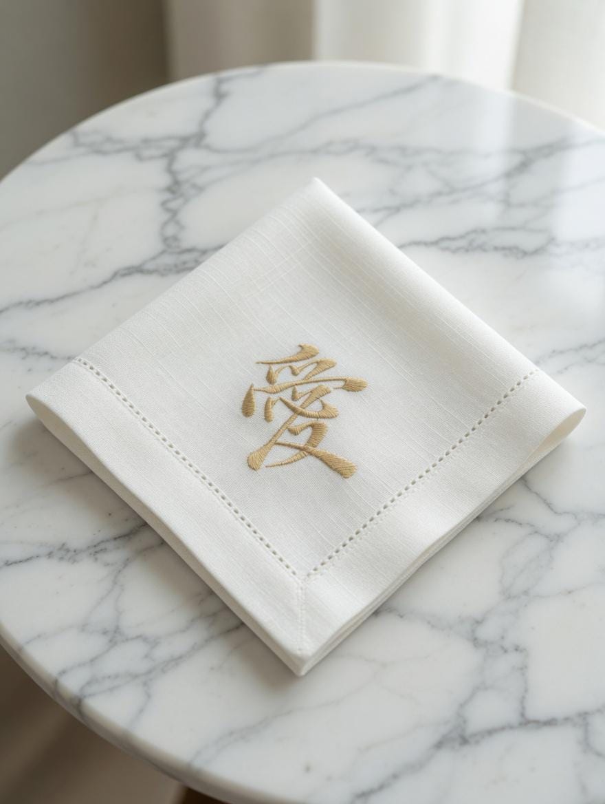 Set of 2 Embroidered Linen Napkins | Gold Chinese Character "愛" (Love) | Wedding Table Decor