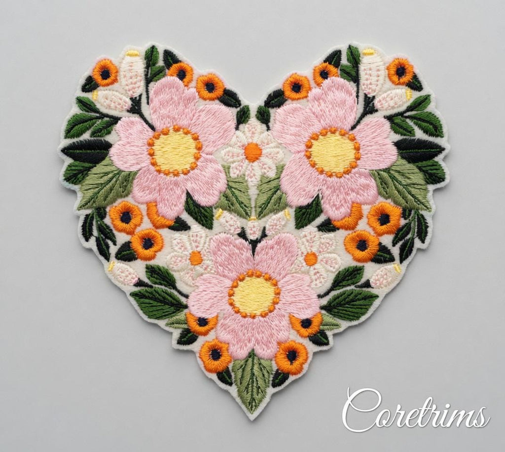 Floral Heart Patch – Hand Embroidered Pink Blossoms Badge (Iron-On)
