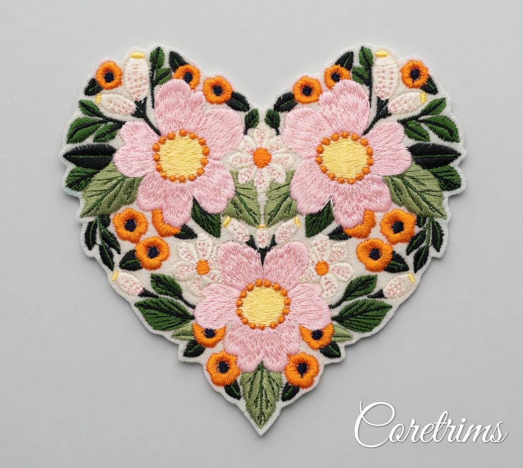 Floral Heart Patch – Hand Embroidered Pink Blossoms Badge (Iron-On)