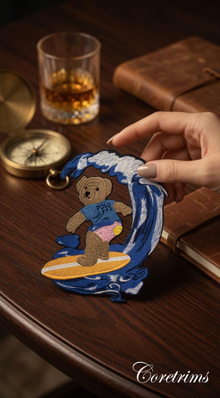 Vintage Polo Style 1992 Surfing Teddy Bear Embroidered Patch – Large Wave Rider Iron On Jacket
