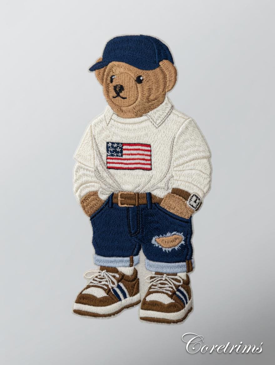 Monogram Preppy Teddy Bear Patch – American Flag Polo, Ripped Denim Shorts & Cap Embroidered Iron-On Appliqué