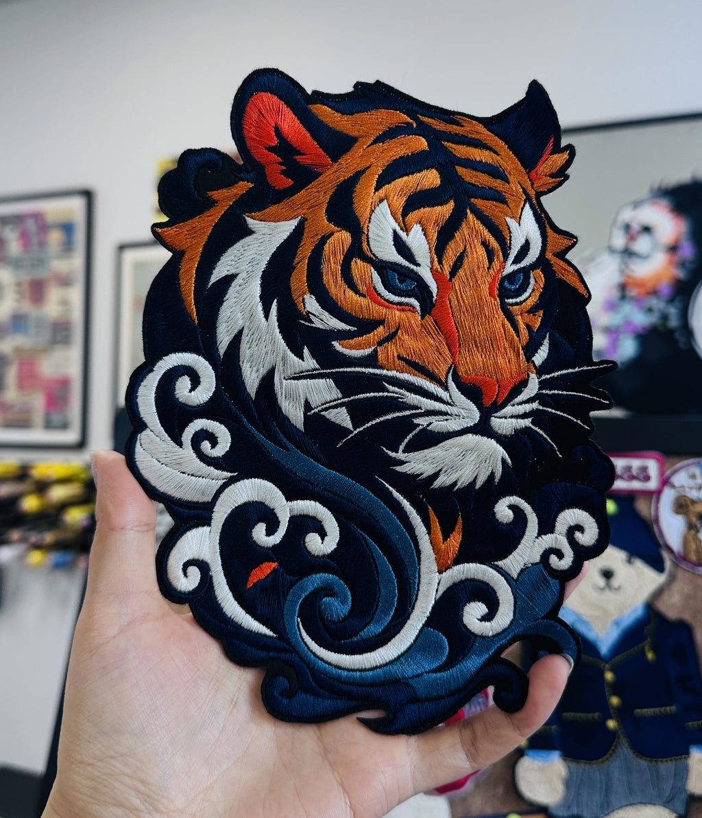 Embroidered Tiger Head Patch – Swirling Clouds Waves, Sew/Iron On Badge