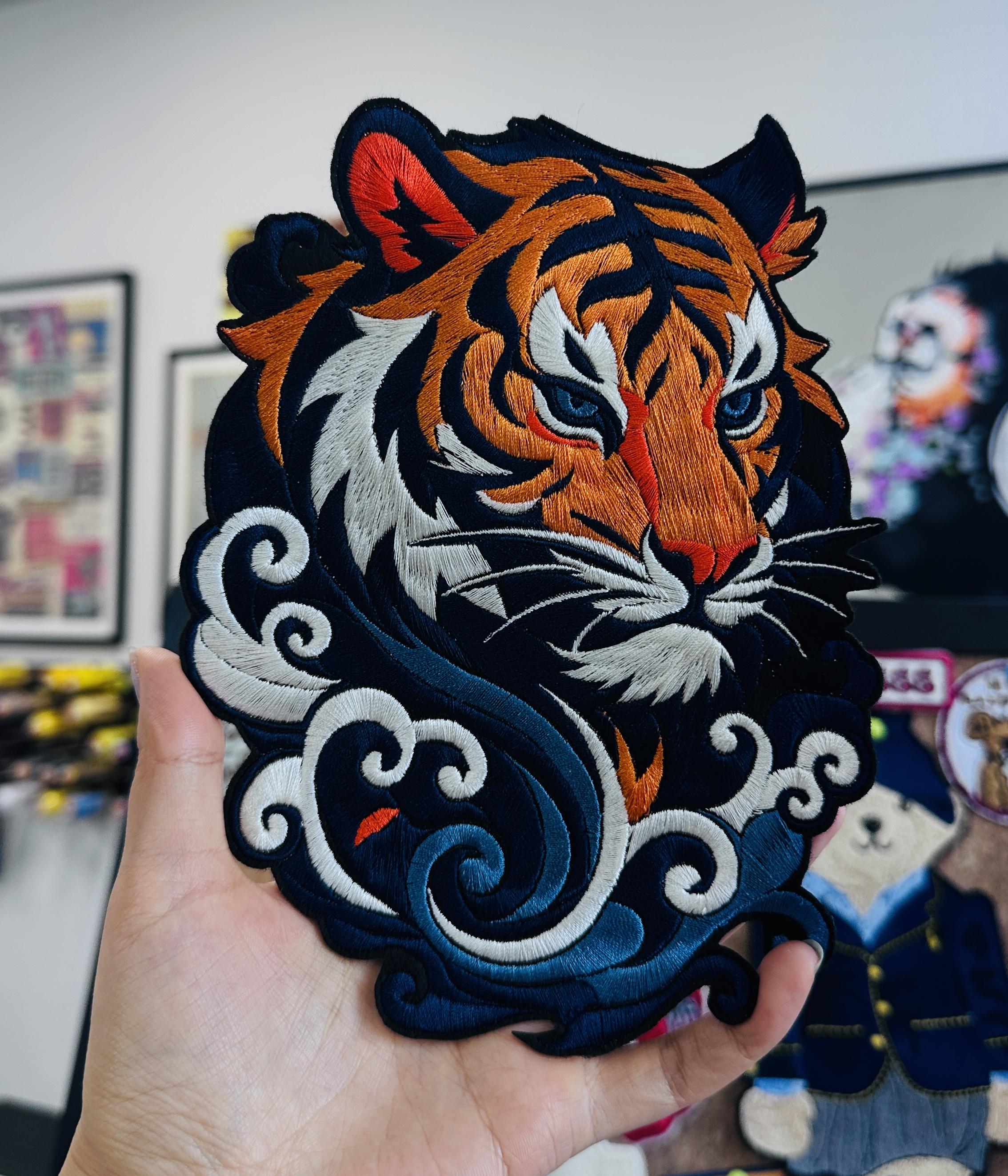 Embroidered Tiger Head Patch – Swirling Clouds Waves, Sew/Iron On Badge