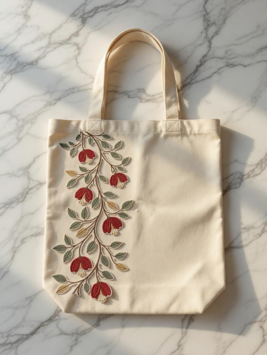 Custom Embroidered Floral Tote Bag – Red Flower Vine Canvas Shoulder Bag