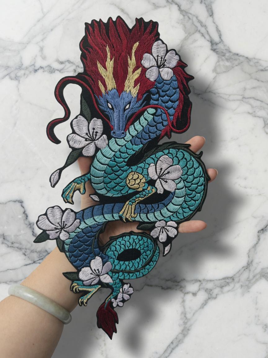 Custom Large Chinese Dragon Embroidery Patch Blue Dragon with Red Mane Floral Applique Traditional Cultural Gift Made to Order