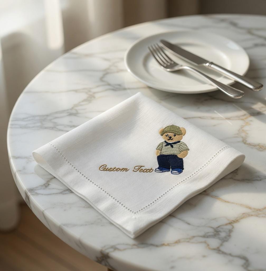 Set of 2 White Linen Napkins | Custom Embroidered Teddy Bear, Names & Date