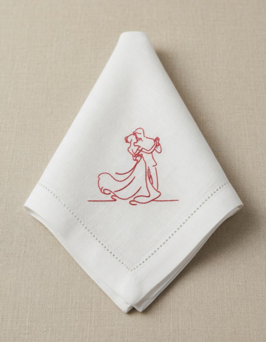 Embroidered Linen Napkins | Romantic Dancing Couple Design, Wedding Anniversary Elegance Set of 2 pcs