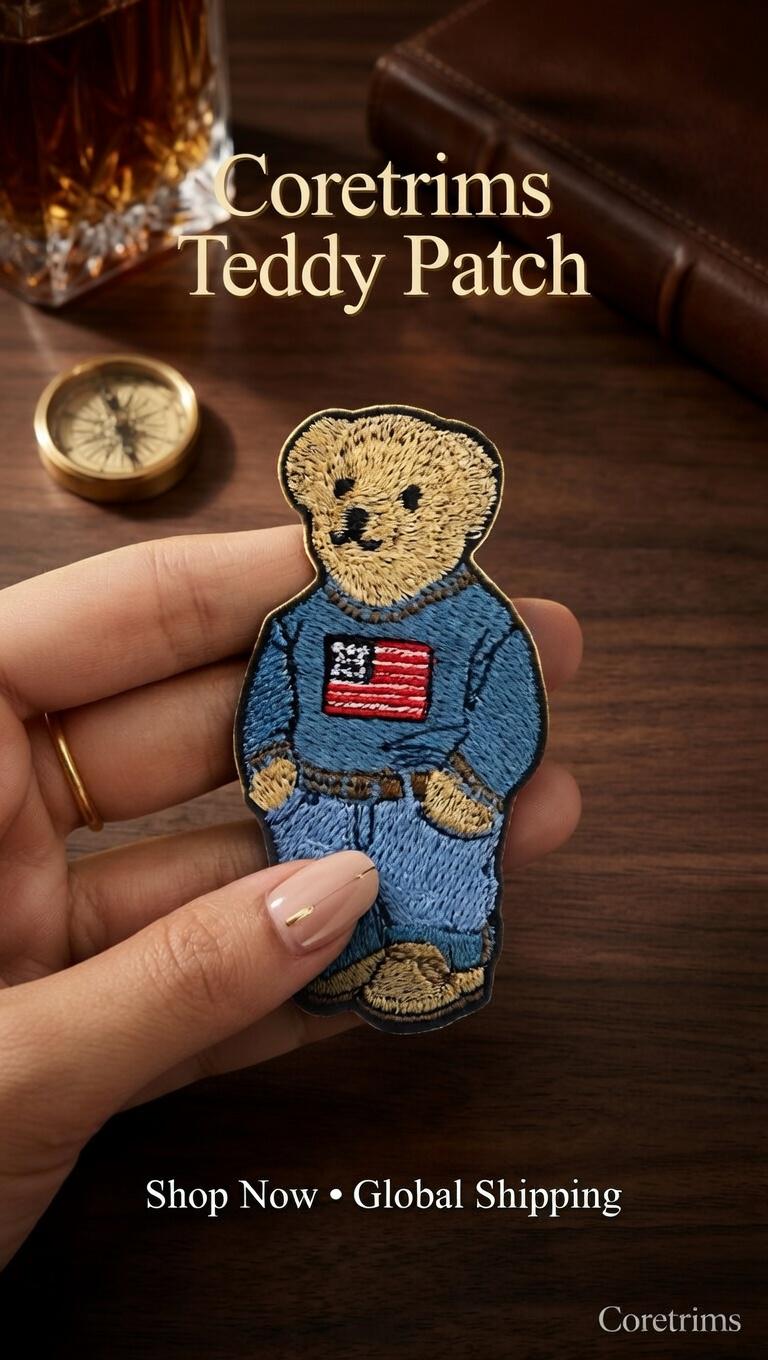 Monogram Hand Embroidered Polo Bear Patch – Blue Sweater USA Flag, Sew On Jacket Patch