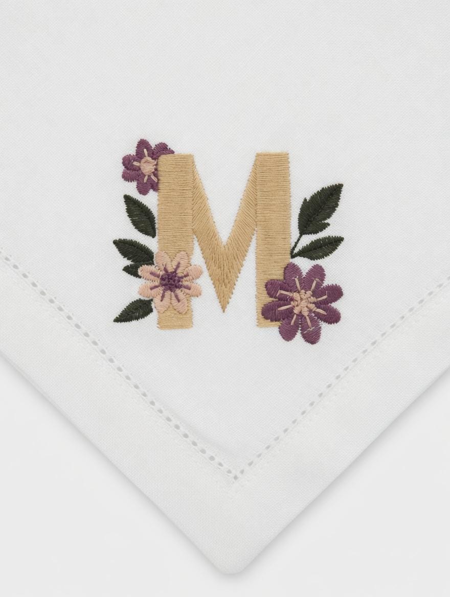 Embroidered Linen Napkin | Monogram Letter M with Purple Flowers, Wedding Table Decor