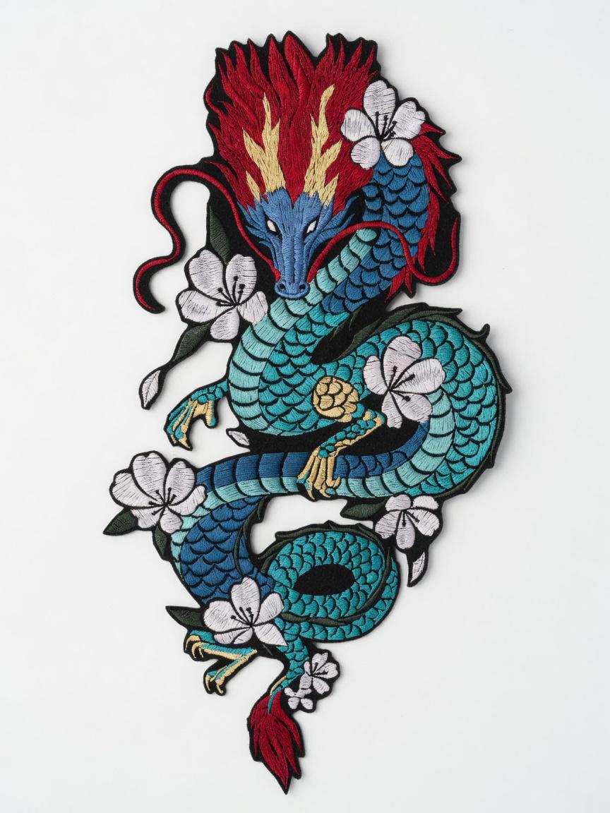 Custom Large Chinese Dragon Embroidery Patch Blue Dragon with Red Mane Floral Applique Traditional Cultural Gift Made to Order