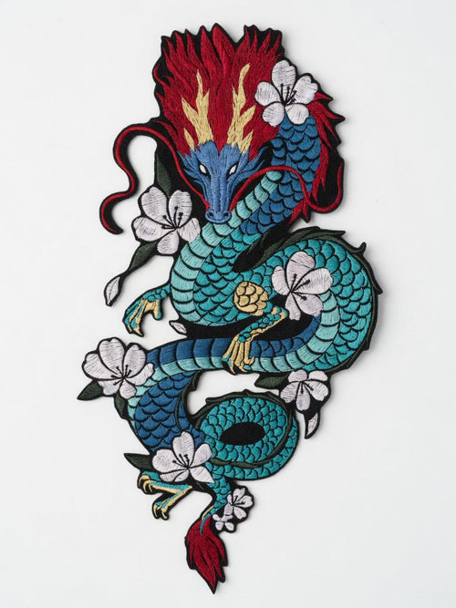 Custom Large Chinese Dragon Embroidery Patch Blue Dragon with Red Mane Floral Applique Traditional Cultural Gift Made to Order