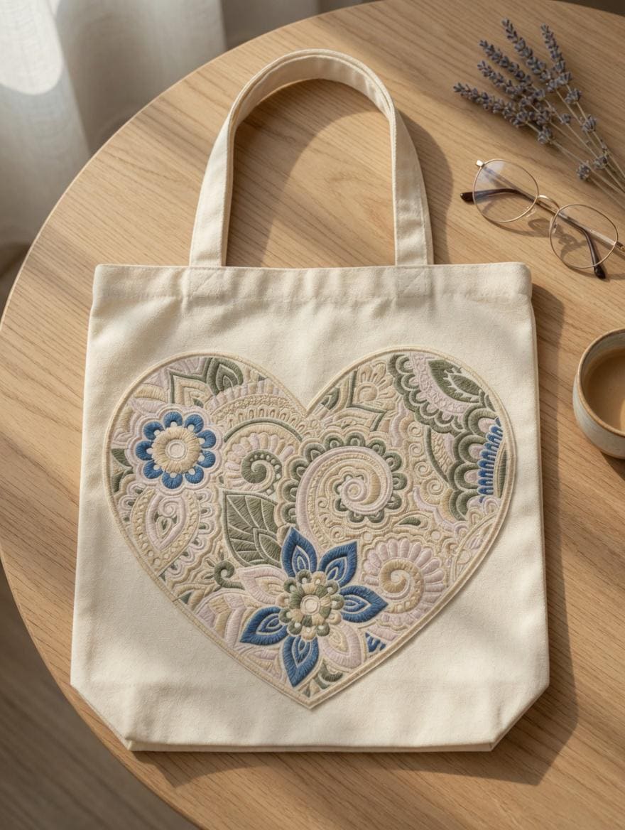 Embroidered Heart Mandala Tote Bag: Bohemian Floral Canvas Shoulder Bag
