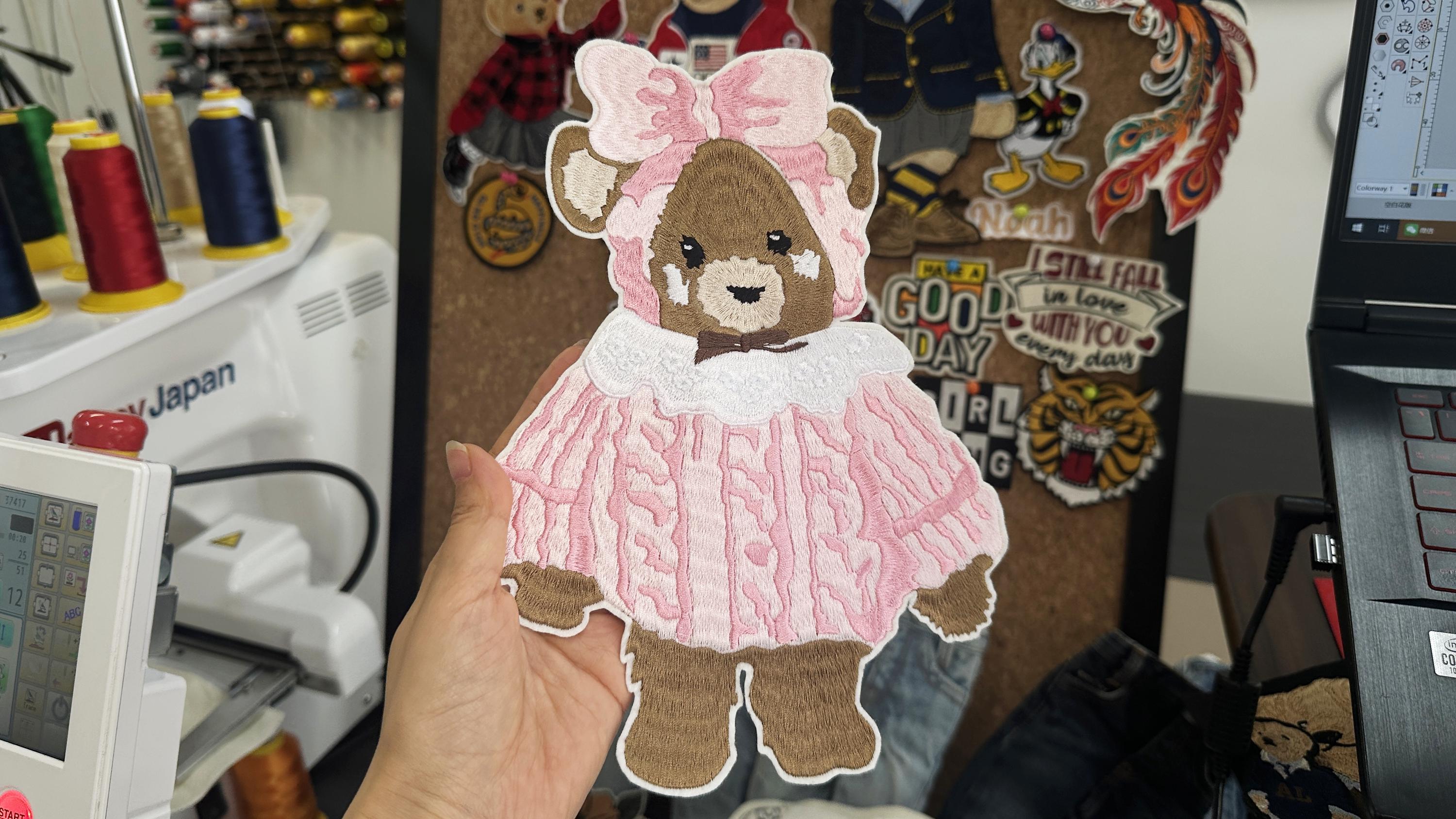 Hand Embroidered Teddy Bear Patch – Pink Frilly Baby Dress Applique (Sew On/Iron On)
