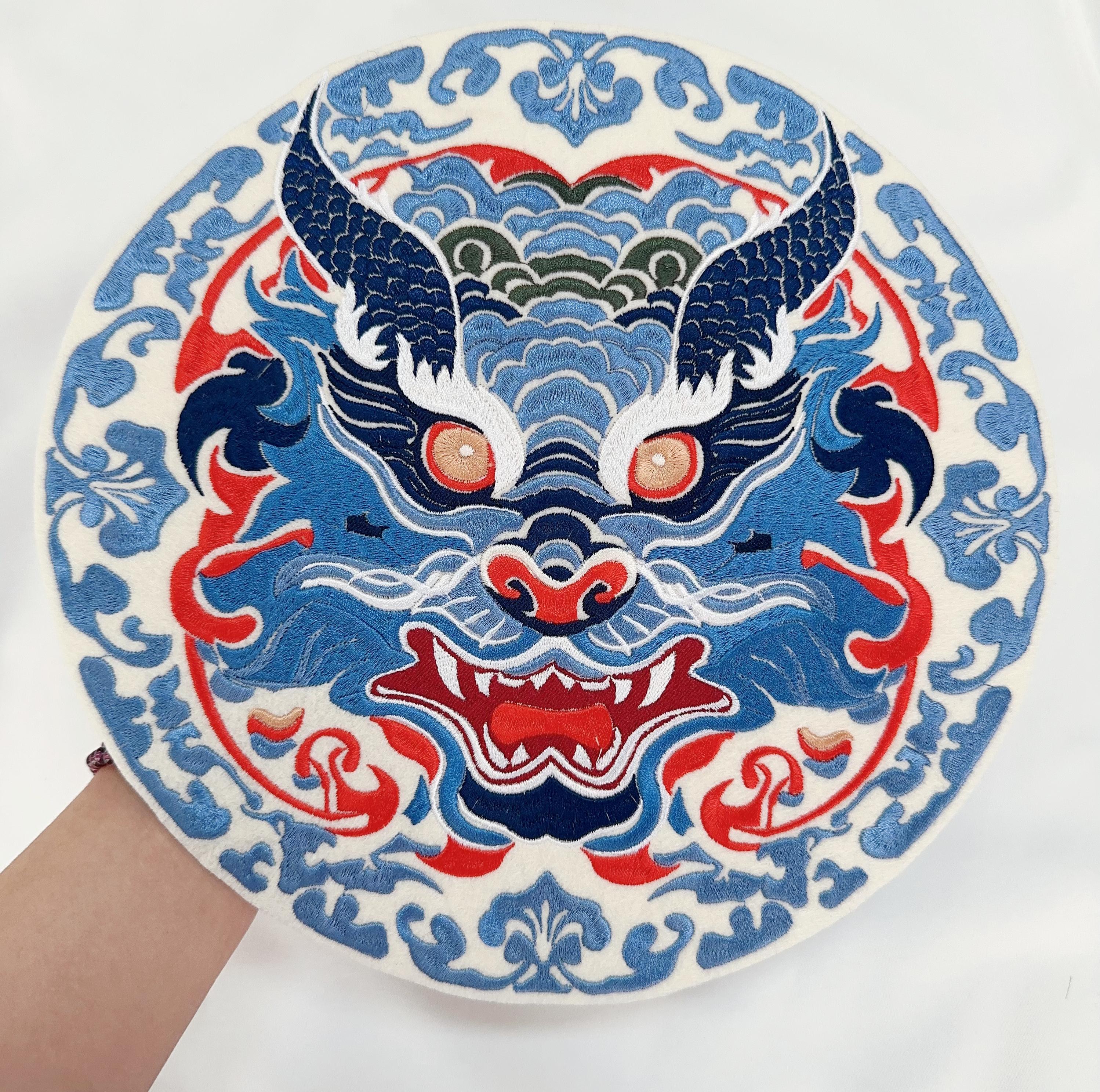 Embroidered jumperEmbroidered Chinese Dragon Patch – Fierce Blue Porcelain Waves, Sew/Iron On Badge