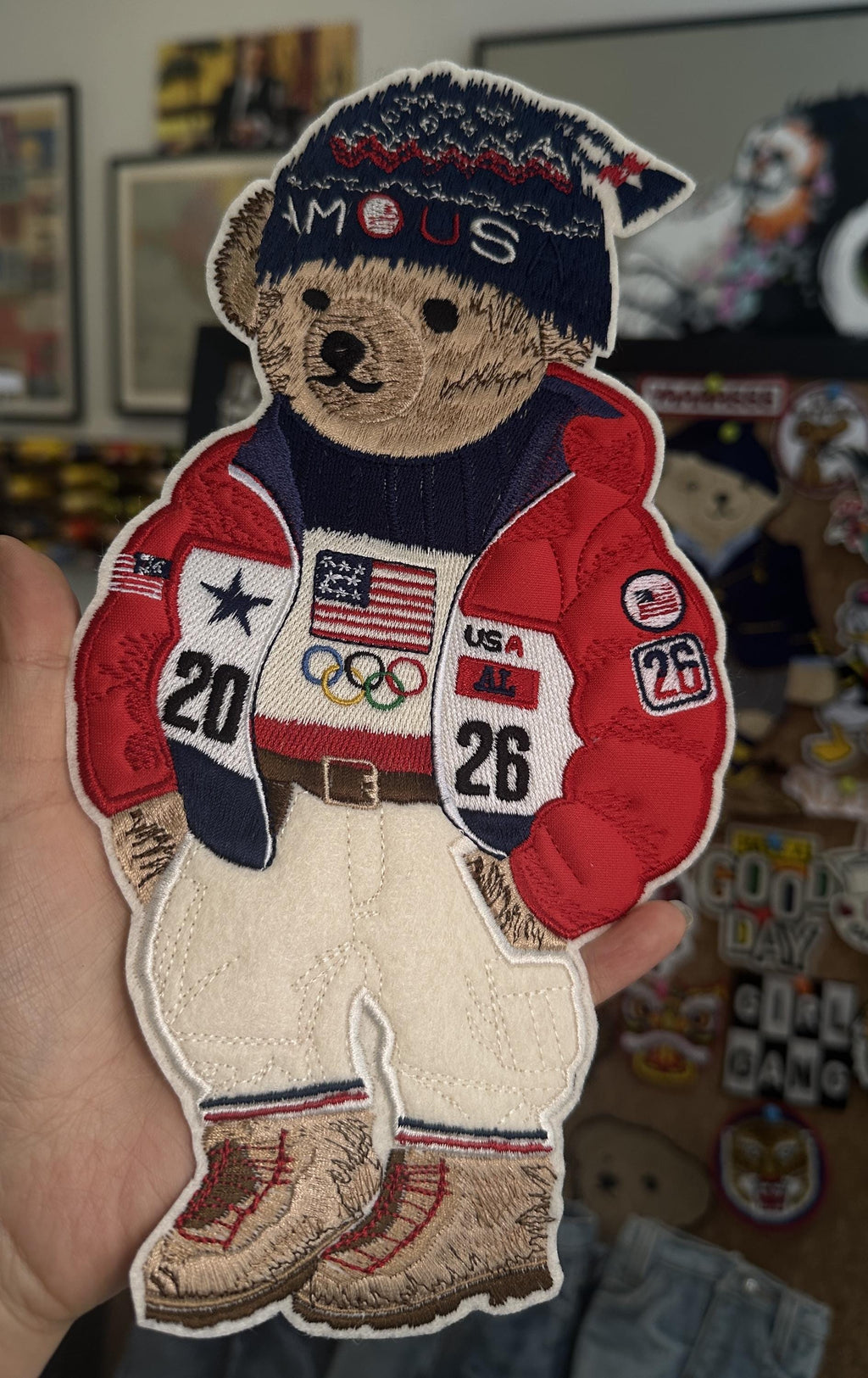 Ralph Lauren Style 2026 Olympics Teddy Bear Patch - USA Polo Bear in Puffer Jacket & Beanie "2026", Handmade Sew/Iron On Streetwear Badge