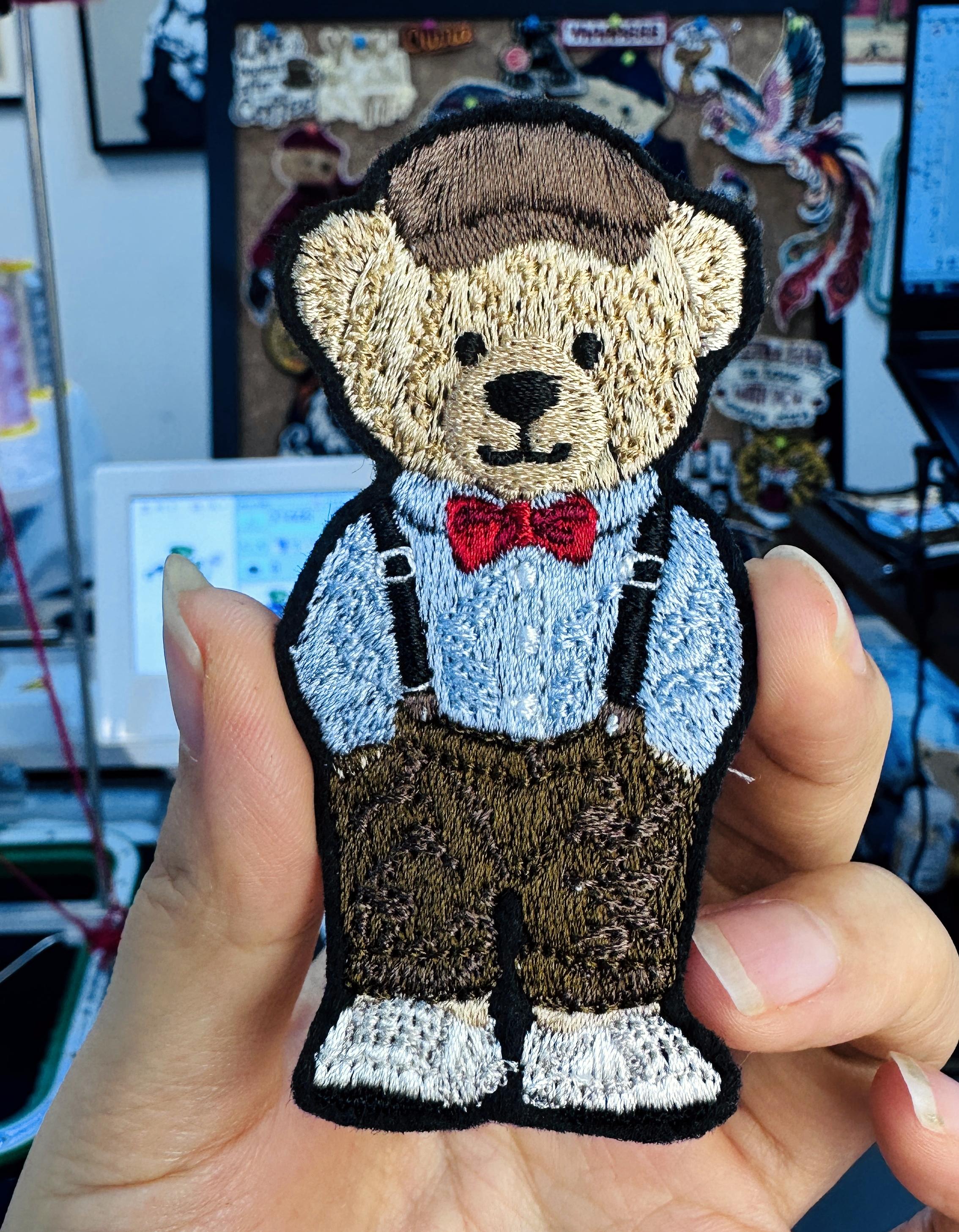 Hand Embroidered Gentleman Bear Patch – RL Polo Style, Bow Tie, Suspenders (Sew-On/Iron-On)