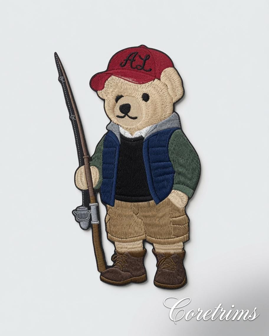PreFishing Palph Lauren style Teddy Bear Patch – Fisherman Bear with Fishing Rod, Red AL Cap Embroidered Iron-On Appliqué