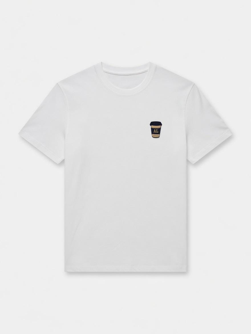 Custom Embroidered Coffee Cup T-Shirt: Minimalist Navy & Gold "AL" Design