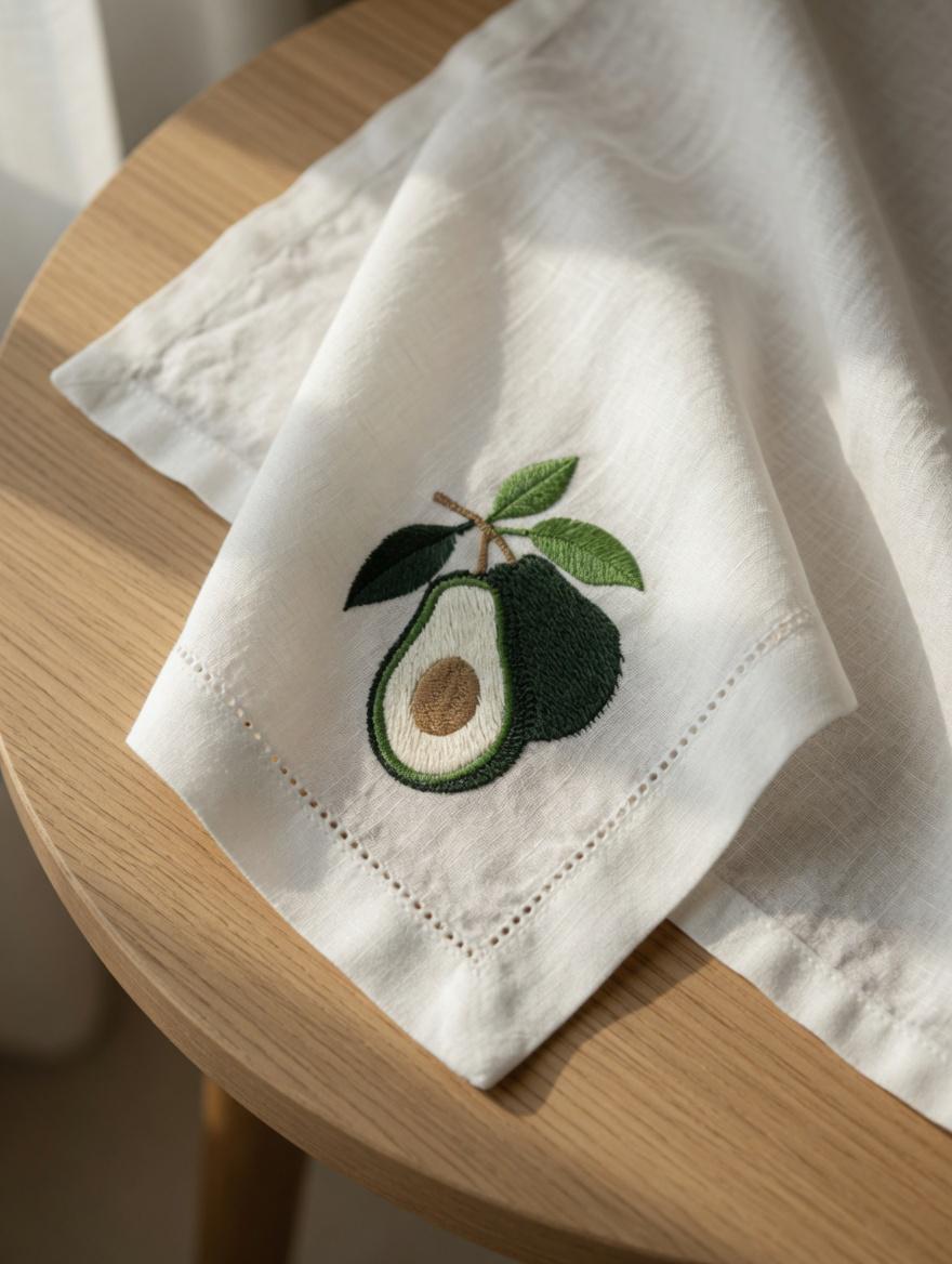 Embroidered Linen Napkin | Avocado with Leaves, Hemstitch Border, Beach Theme Table Decor