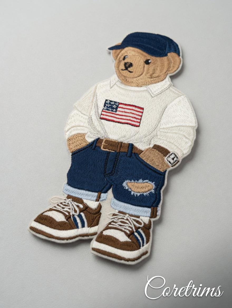 Monogram Preppy Teddy Bear Patch – American Flag Polo, Ripped Denim Shorts & Cap Embroidered Iron-On Appliqué