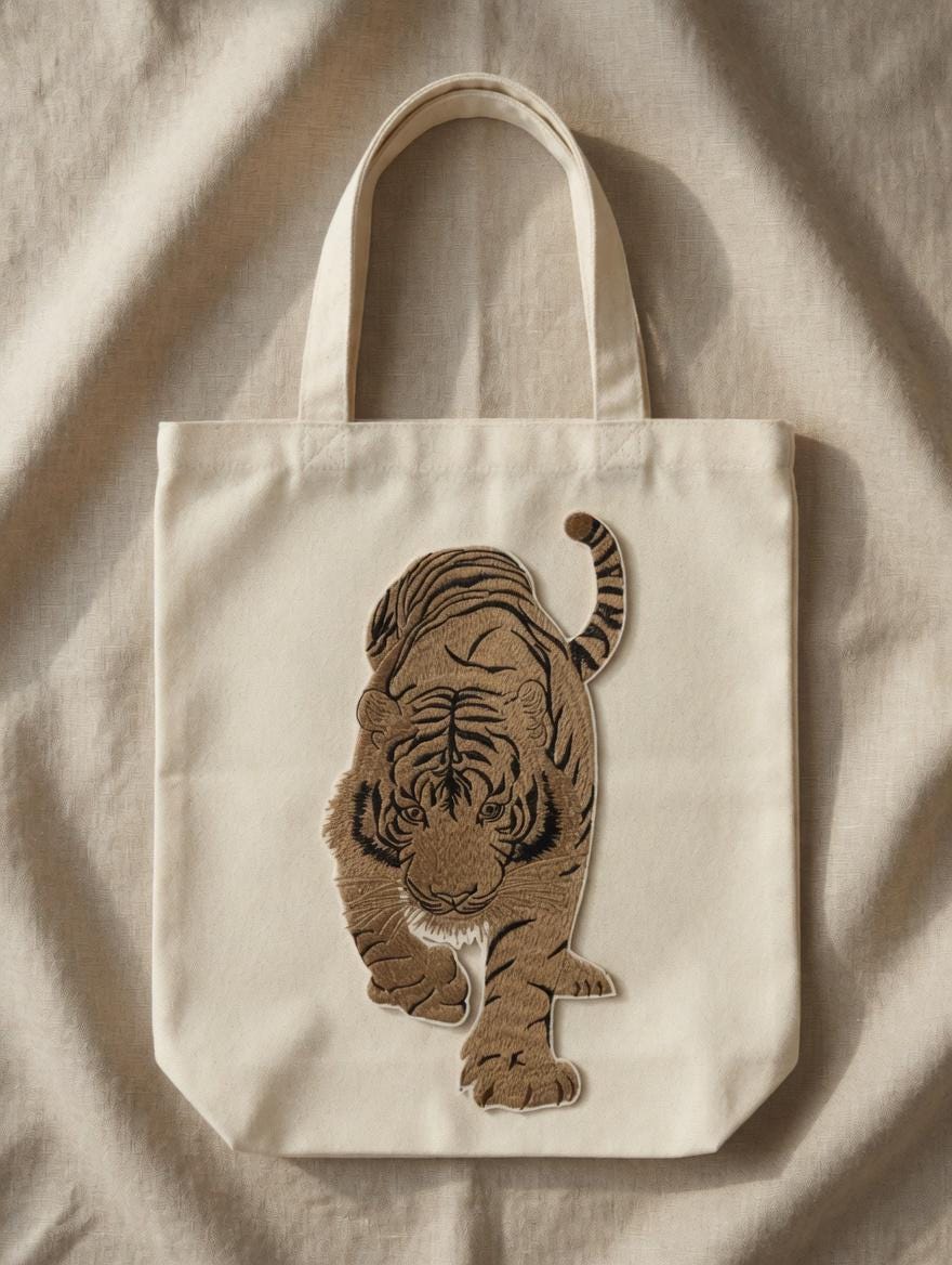 Embroidered Full Body Tiger Tote Bag, Wildlife Canvas Shoulder Bag