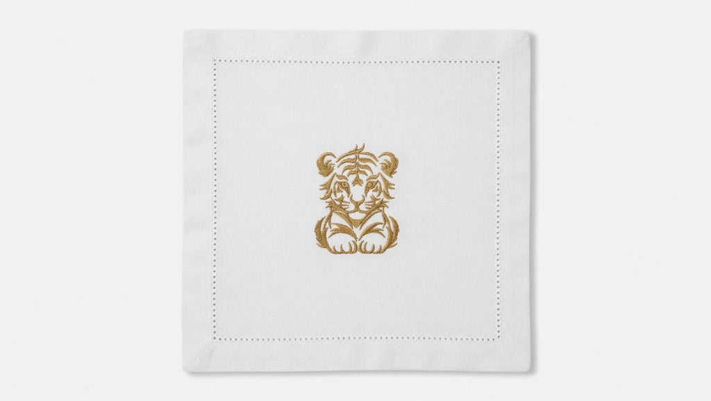 Custom Embroidered Tiger Linen Napkin | Gold Thread Animal Portrait Dinner Napkin Set of 2
