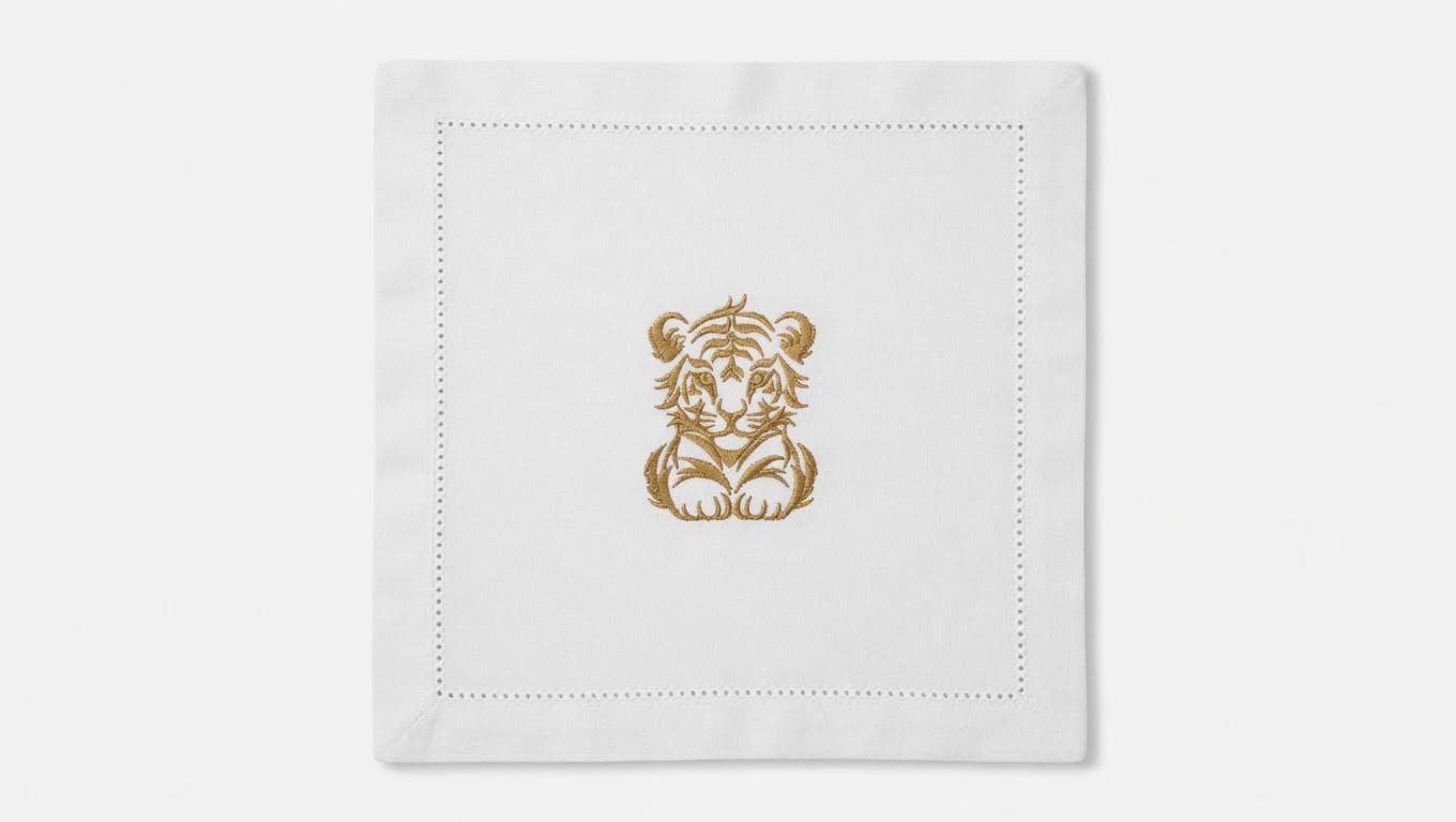Custom Embroidered Tiger Linen Napkin | Gold Thread Animal Portrait Dinner Napkin Set of 2