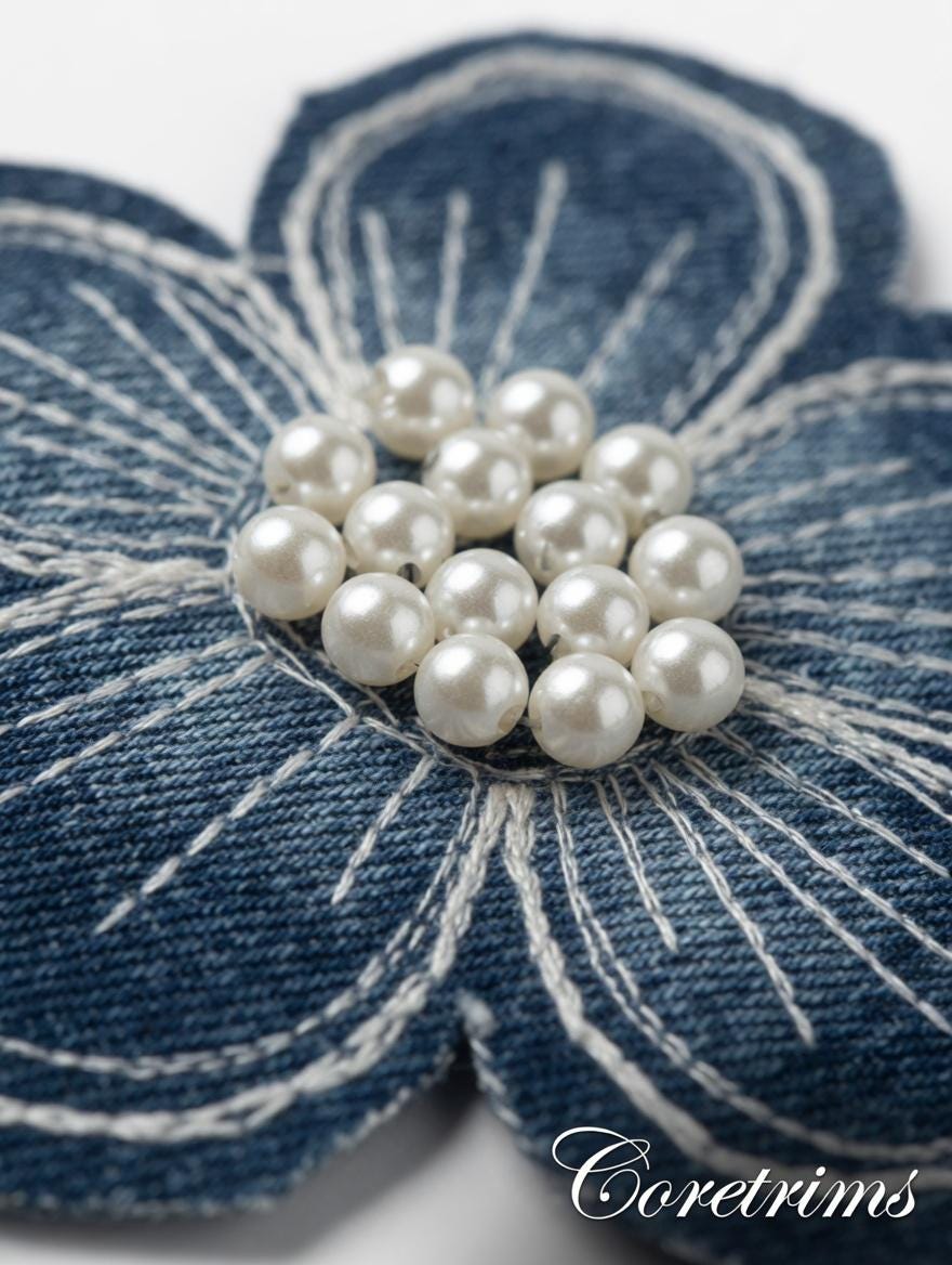 Denim Flower Patch with Pearl Center – Embroidered Appliqué, White Stitching, Sew-On Fabric Badge
