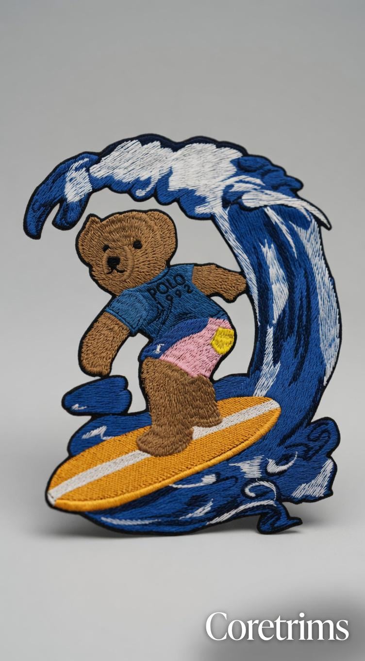 Vintage Polo Style 1992 Surfing Teddy Bear Embroidered Patch – Large Wave Rider Iron On Jacket