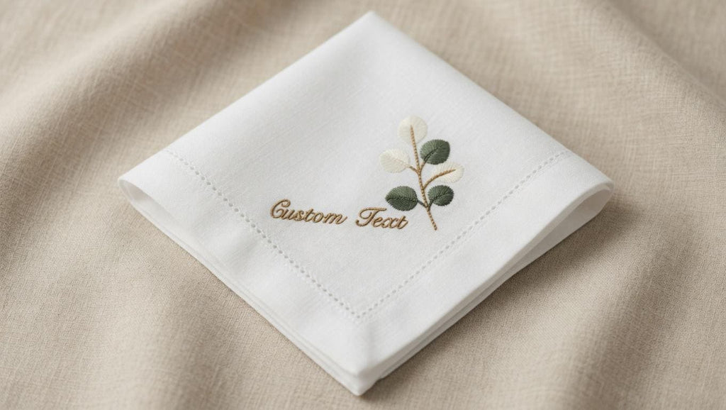 Custom Embroidered Linen Napkin | Botanical Eucalyptus Leaf Design, Personalized Text set of 2 pcs