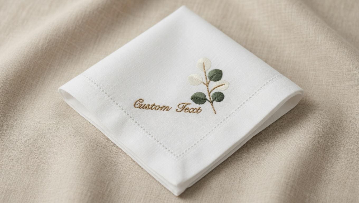 Custom Embroidered Linen Napkin | Botanical Eucalyptus Leaf Design, Personalized Text set of 2 pcs
