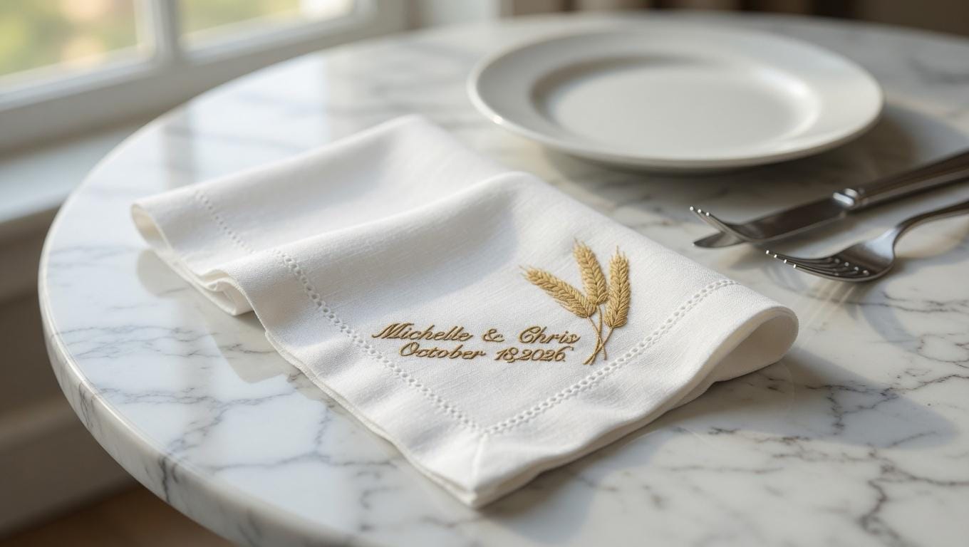 Custom Embroidered Linen Napkin: Golden Wheat Stalks, Couple Names, Wedding Date set of two