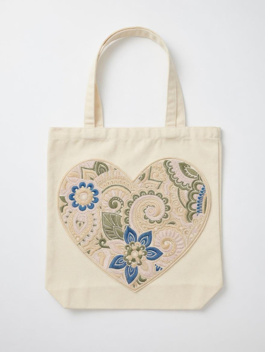 Embroidered Heart Mandala Tote Bag: Bohemian Floral Canvas Shoulder Bag