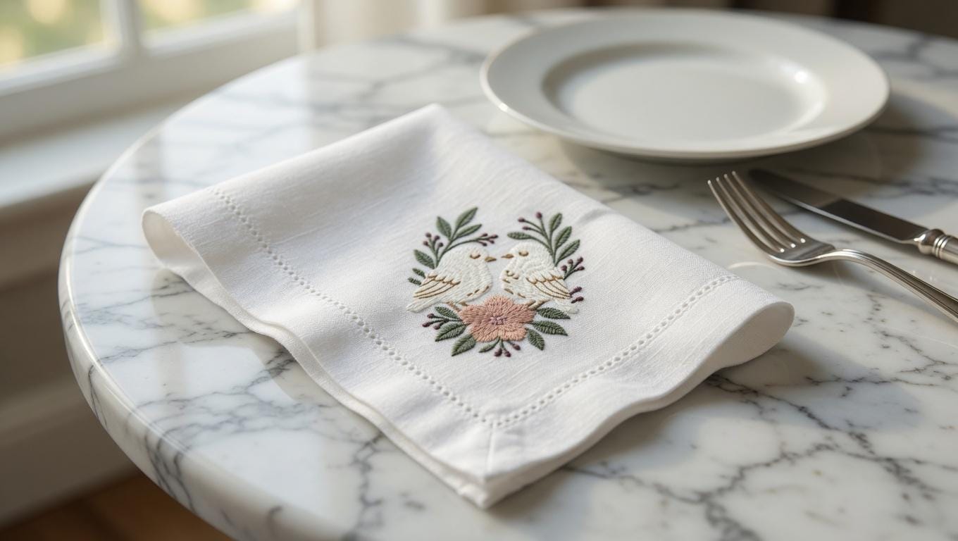 Embroidered Lovebirds Linen Napkin | Wedding Anniversary Couple Gift Set of 2 pcs